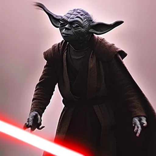 Image similar to a film still of yoda as a sith lord wearing black attire realistic, detailed