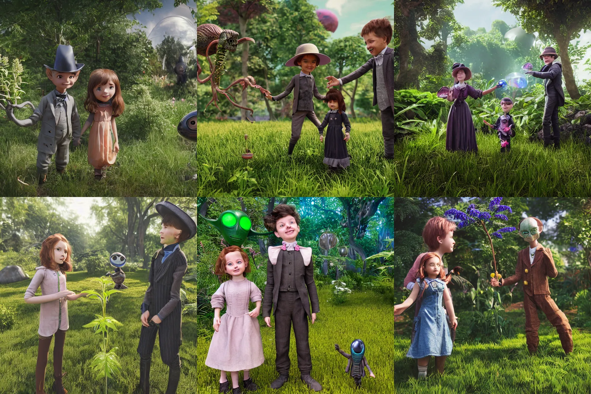 Prompt: a girl and a boy standing next to some alien plants, looking happy, wearing victorian clothes, playing with their small pet alien creature, in a park on a alien planet, extremely high detail, ultra realistic facial details, ultra photorealistic raytracing, 8k