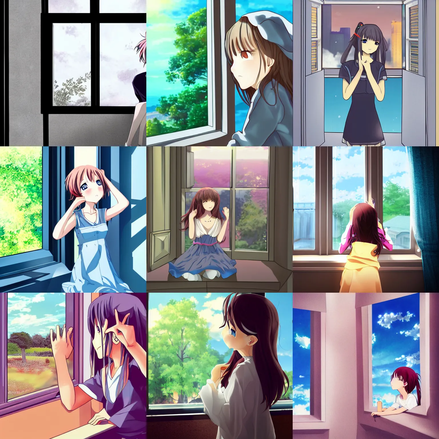 Prompt: cute beautiful anime girl looking out her window wondering dreaming, surrealistic