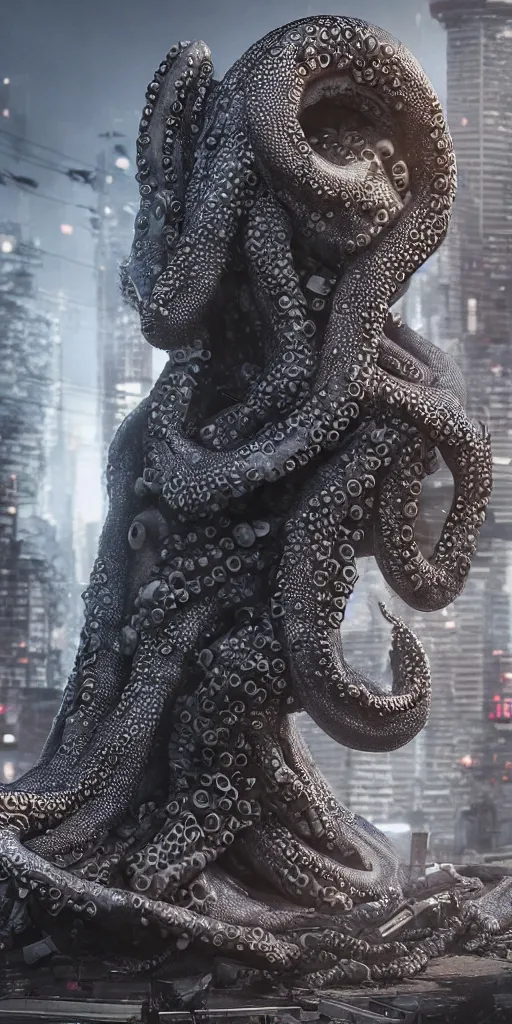 Image similar to hyperrealism, detailed textures, photorealistic 3 d cyberpunk octopus in apocalyptic city, futuristic clothing and helmet, ultra realistic, cinematic, intricate, cinematic light, unreal engine 8 k