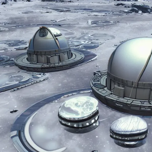 Prompt: a space colony on a icy planet with buildings mostly being domes