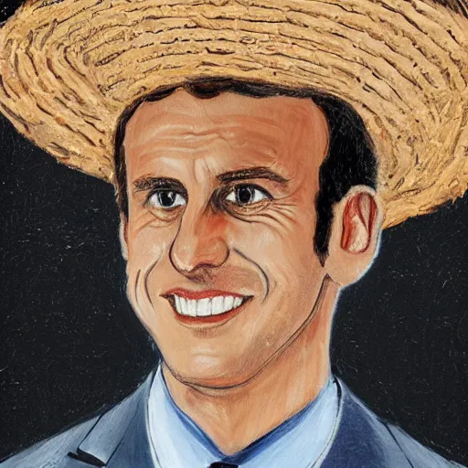 Image similar to a portrait of emmanuel macron wearing a straw hat in a scenic environment, traditional japanese art