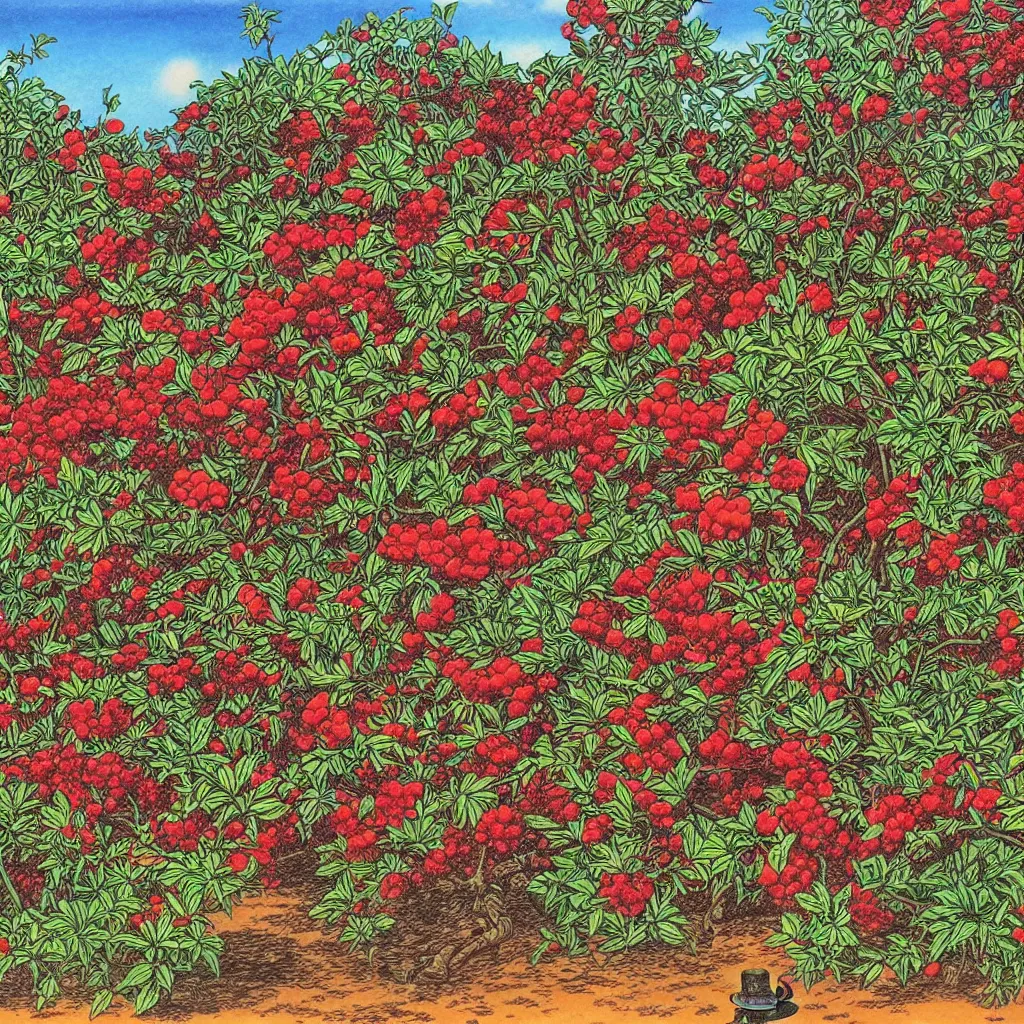 Image similar to warm red, steampunk eclectic, shadowy by shotaro ishinomori, by todd schorr. a beautiful drawing depicting a farm scene. the drawing shows a view of an orchard with trees in bloom.