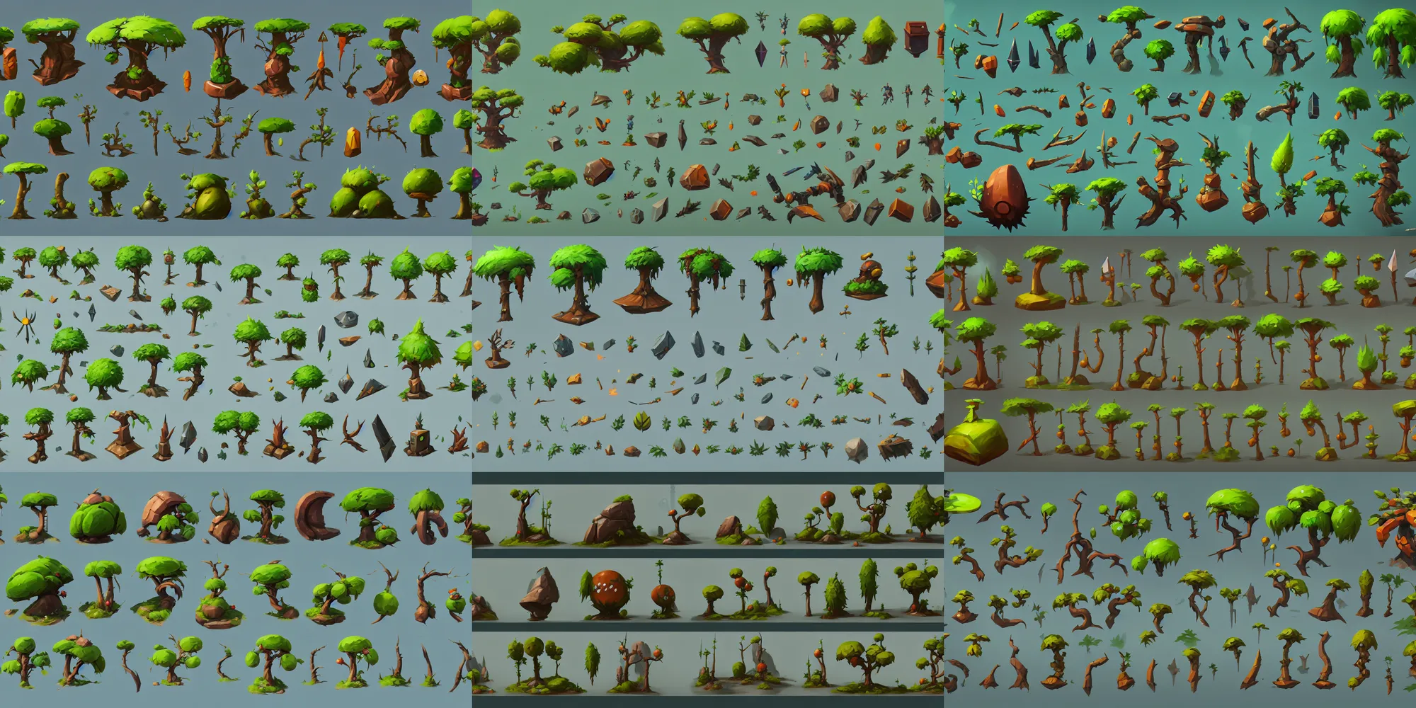 Prompt: game asset of plant and tree, in gouache detailed paintings, props, stylized, 2 d sprites asset sheet, kitbash, arcane, prop rocks, overwatch, many color scheme, 8 k, close up