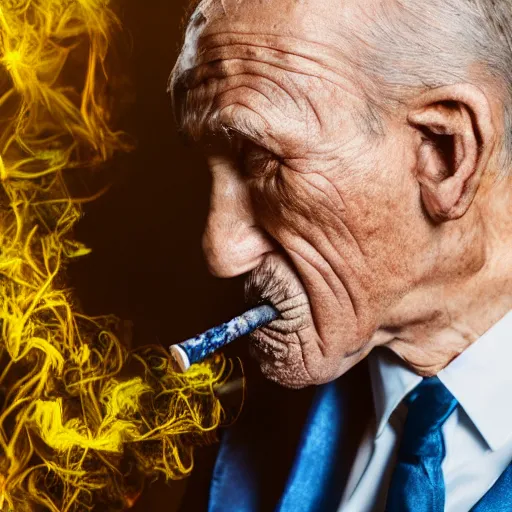 Image similar to Studio photo close up of an old man wearing a suit and smoking a pipe, battered by life, 4k HDR, sigma 85mm f/1.4, atmospheric lighting