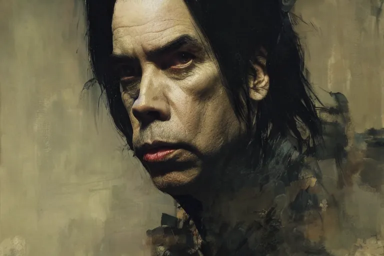 Image similar to a portrait of nick cave, masterpiece, dramatic lighting, painting by ruan jia and jakub rebelka