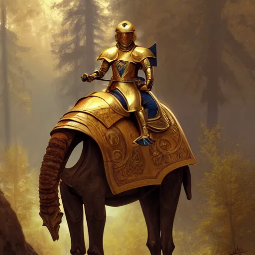 Image similar to photo of a humanoid camel dressed in armor with a golden helmet on the head, hold sword in the forest, highly detailed, digital painting, artstation, smooth, sharp focus, illustration, art by artgerm and greg rutkowski and alphonse mucha