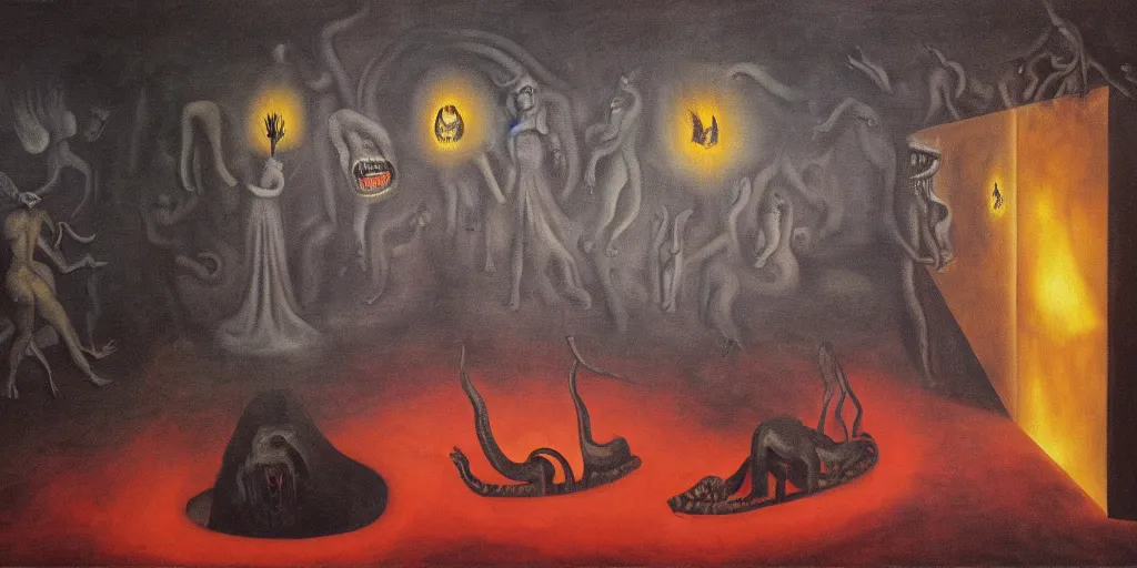 Image similar to trapped on a hedonic treadmill, dark uncanny surreal painting by leonora carrington, dramatic lighting from fire glow, mouth of hell, ixions wheel