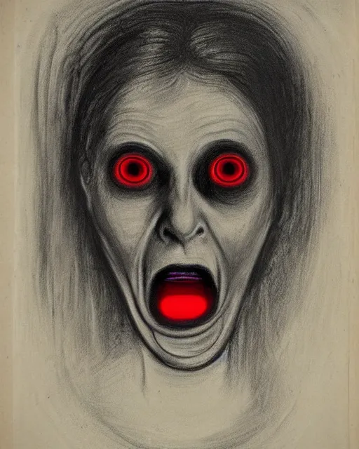 Prompt: scary portrait of a young female with glowing eyes, similar to the scream drawing by Edvard Munch