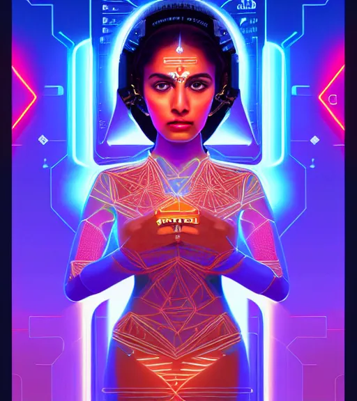 Image similar to symmetry!! indian princess of technology, solid cube of light, hard edges, product render retro - futuristic poster scifi, lasers and neon circuits, brown skin gorgeous indian princess, intricate, elegant, highly detailed, digital painting, artstation, concept art, smooth, sharp focus, illustration, dreamlike, art by artgerm