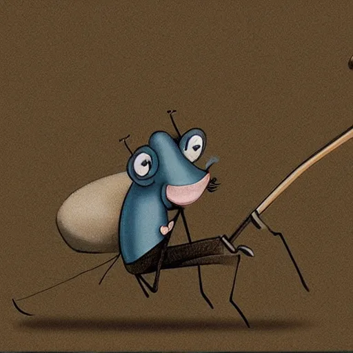 Image similar to cartoon ant with a sad, depressed expression holding a bindle