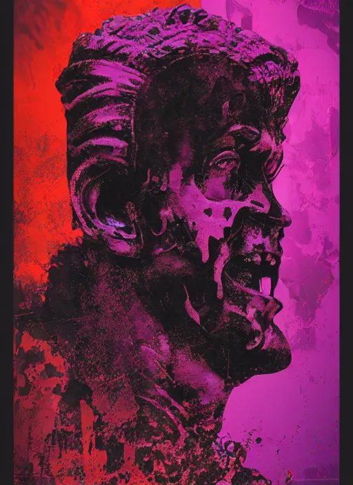 Image similar to elegant dark design poster showing a statue of the roman emperor julius caesar with a skull, black background with very subtle red and purple design elements, bold, powerful, nekro, vito acconci, thin straight purple lines, dark, glitch art, neo vaporwave, gritty, layout frame, square, trending on artstation