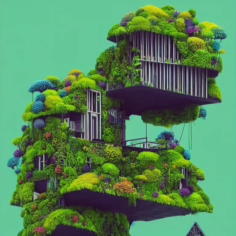 Image similar to tiny house by kengo kuma on island sea cloud surreal art by jason naylor, very coherent, sharp, colorful high contrast, dark shadows, hard lighting, floralpunk flower green plants garden, inking etching screen print, hd, 8 k hyper detailed, octane render