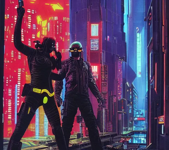 Image similar to a portrait of a cyberpunk epic Friday night firefight, Night City, cyberpunk 2077, very very coherent painting, 1979 OMNI Magazine Cover, street level neo-Tokyo in Cyberpunk 2045 style by Vincent Di Fate by mark arian by artgerm in the style of ((Gustave Dore)), 4k, 8k, HD, trending on artstation