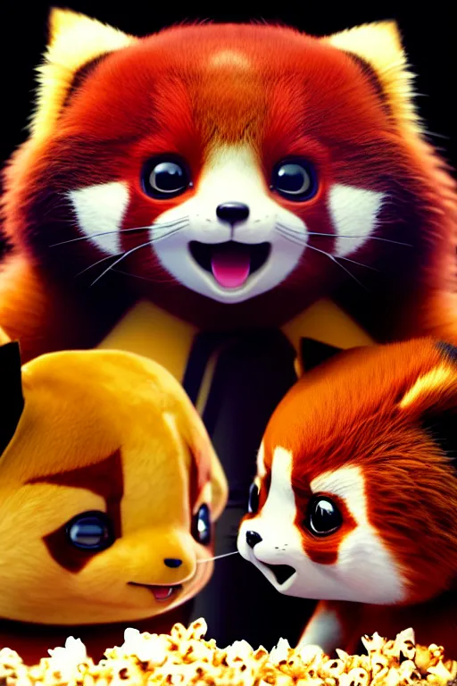 Prompt: high quality 3 d render hyperrealist very cute gothic happy red panda & cat hybrid eating popcorn, vray smooth, detective pikachu, very dramatic light, low angle, uhd 8 k, shallow depth or field