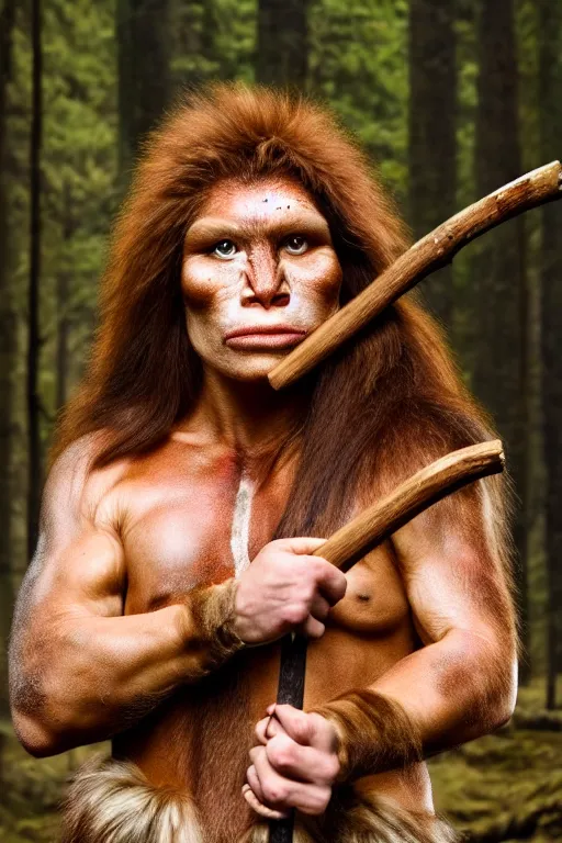 Image similar to a professional portrait photo of a muscular neanderthal woman in the forest in winter holding a spear, freckles and dirt on face, black stripe painted side to side across her eyes, ginger hair and fur, extremely high fidelity, natural lighting, still from the movie clan of the cave bear