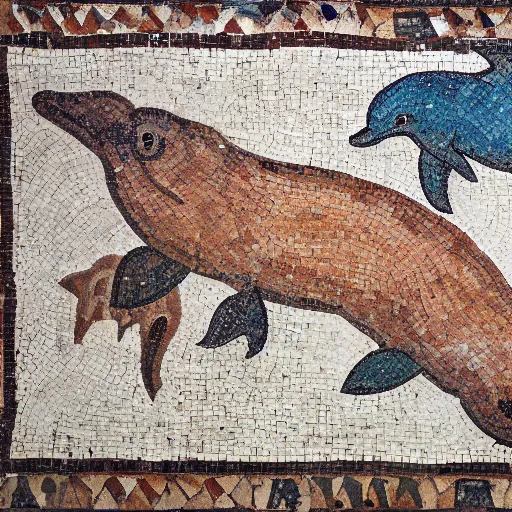 Image similar to roman mosaic showing dolphins surrounding a capybara
