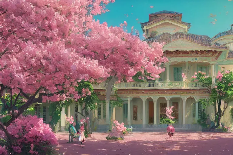 Prompt: green weed grow house, rococo style, greek architecture, pink marble building, sakura trees, sakura season dynamic lighting, landscape, artwork by jeremy lipkin and giuseppe dangelico pino and michael garmash and rob rey and greg manchess and huang guangjian and makoto shinkai, pixiv, 1 0 0 mm