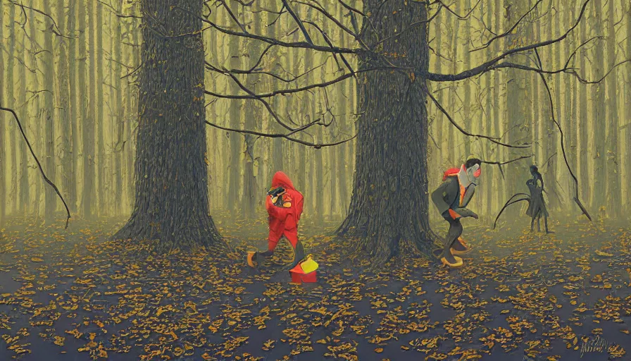 Image similar to safety cones scattered around an oak tree forest, man in bigfoot costume in the distance dancing, by james jean by ilya kuvshinov kintsugi, hyper detailed surrealist painting