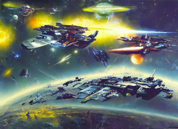Prompt: photo of an intergalactic space battle by john berkey, realistic matte painting, oil painting