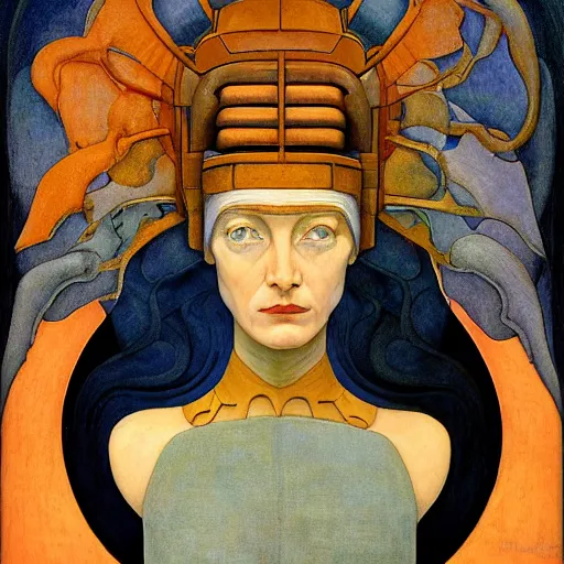 Prompt: the robot queen, by annie swynnerton and diego rivera and lucien freud and jean delville, symbolist, dramatic lighting, elaborate geometric ornament, head and shoulders view, art brut, soft pastel colors, smooth, sharp focus, extremely detailed, adolf wolfli, leo and diane dillon, nicholas roerich