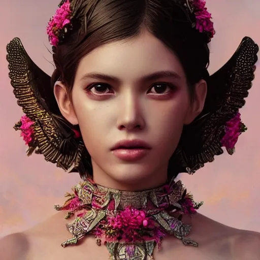 Image similar to expressive full body photo, of beautiful angel, smooth glowing skin, ornate headpiece made from pink flowers, glamour shot, by yoshitaka amano, by greg rutkowski, by jeremyg lipkinng, by artgerm, digital art, octane render