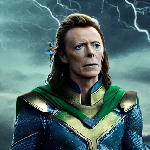 Prompt: film still of David Bowie as Loki in Thor, 4k