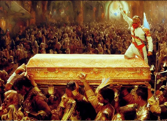 Prompt: the king's funeral, the king dead in the coffin, highly detailed painting by gaston bussiere, craig mullins, j. c. leyendecker