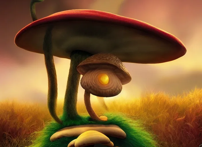 Image similar to a cute dr seuss creature sitting next to a mushroom, golden hour, fantasy, sharp focus, digital art, hyper realistic, 4 k, unreal engine, highly detailed, hd, dramatic lighting by brom, trending on artstation