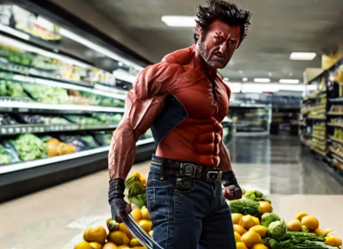 Image similar to film still of Wolverine going grocery shopping in the new X-Men movie, 4k