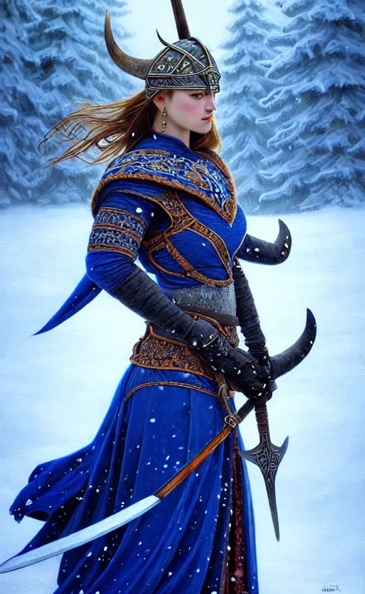 Image similar to royal blue viking warrior, regal, elegant, winter, snow, beautiful, stunning, hd, illustration, epic, d & d, fantasy, intricate, elegant, highly detailed, wide angle, digital painting, artstation, concept art, smooth, sharp focus, illustration, wallpaper, art by artgerm and greg rutkowski and alphonse mucha and jin xiaodi