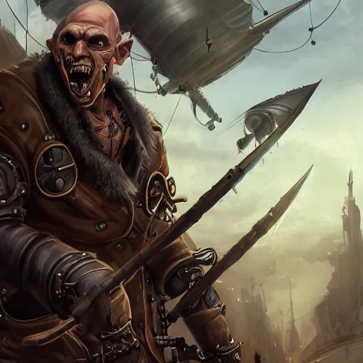 Image similar to portrait of a muscular, grim, bald orc mechanic, wearing a heavy brown leather coat, wielding a wrench, steampunk setting, gears, airship on the background, dramatic lighting, high detail, digital art by Rossdraws