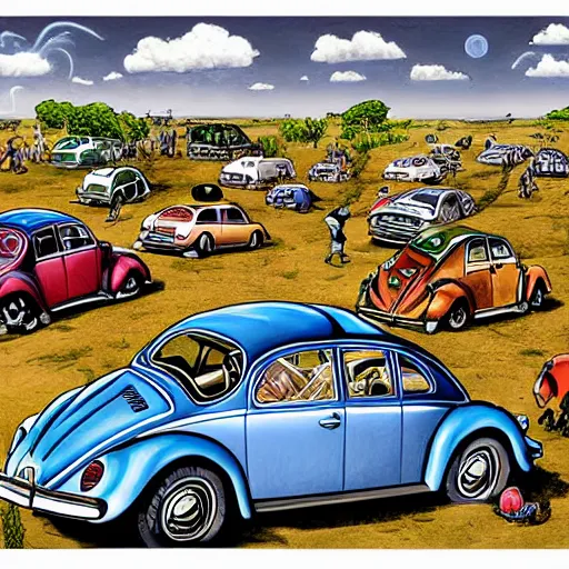 Prompt: highly detailed illustration of a bunch of volkswagen beetles and the british group the beatles battling on a junkyard battleground, color restoration