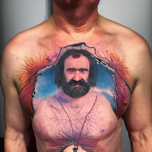 Image similar to an ultra realistic 8 k hdr photo of an award winning healed color tattoo of zardoz on a man ’ s super hairy chest