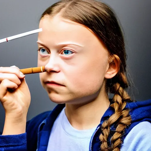 Prompt: hyper - realistic studio photograph of greta thunberg smoking a cigarette