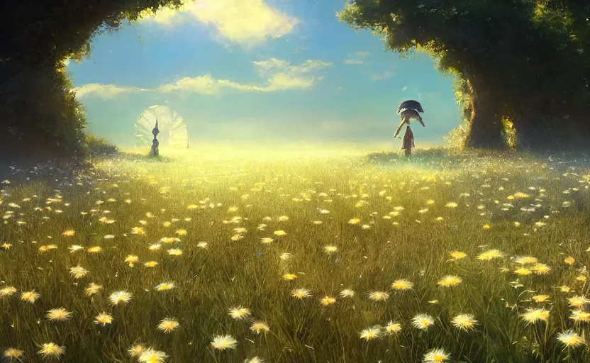 Image similar to portal to another world in a field of daisies, painting by craig mullins, octane rendering, soft morning lighting, wide angle lens, in the style of hayao miyazaki, trending on artstation