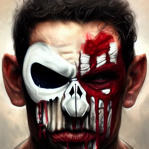 Image similar to scary portrait of frank castle the punisher, bleeding nose, face paint, intricate, elegant, highly detailed, centered, grungy, digital painting, artstation, concept art, smooth, sharp focus, illustration, artgerm, tomasz alen kopera, peter mohrbacher