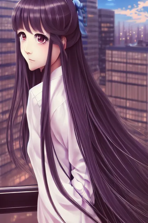 Image similar to beautiful full body portrait of a lone anime female with long flowing hair, wearing Japanese school uniform, standing on a balcony overlooking downtown Tokyo, D&D, fantasy, intricate, elegant, highly detailed, digital painting, artstation, concept art, smooth, sharp focus, illustration, art by ilya kuvshinov and WLOP and Ruan Jia and Krenz Cushart and greg rutkowski and alphonse mucha