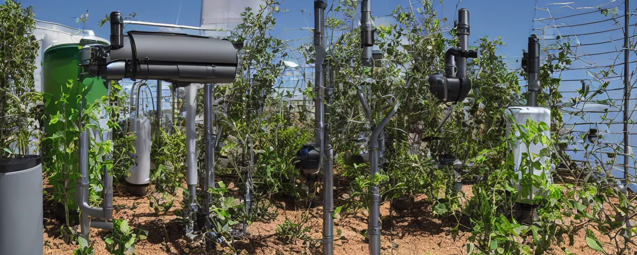 Image similar to windtrap electrostatic atmospheric water collection system at desert terraformation project, venus project, with snail-shaped biomimetic architecture, mini amphitheatre, mini lake, vertical vegetable gardens, robotic drones, XF IQ4, 150MP, 50mm, F1.4, ISO 200, 1/160s, natural light