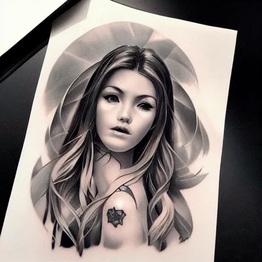 Image similar to tattoo design, beautiful portrait of a girl looking up and to the right by artgerm, artgerm