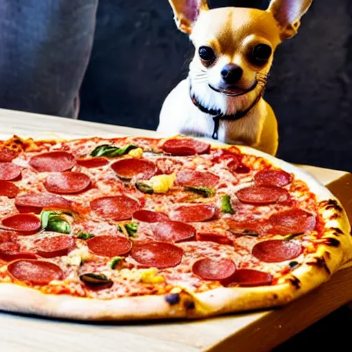 Prompt: pizza on a table in a restaurant. Chihuahua eating