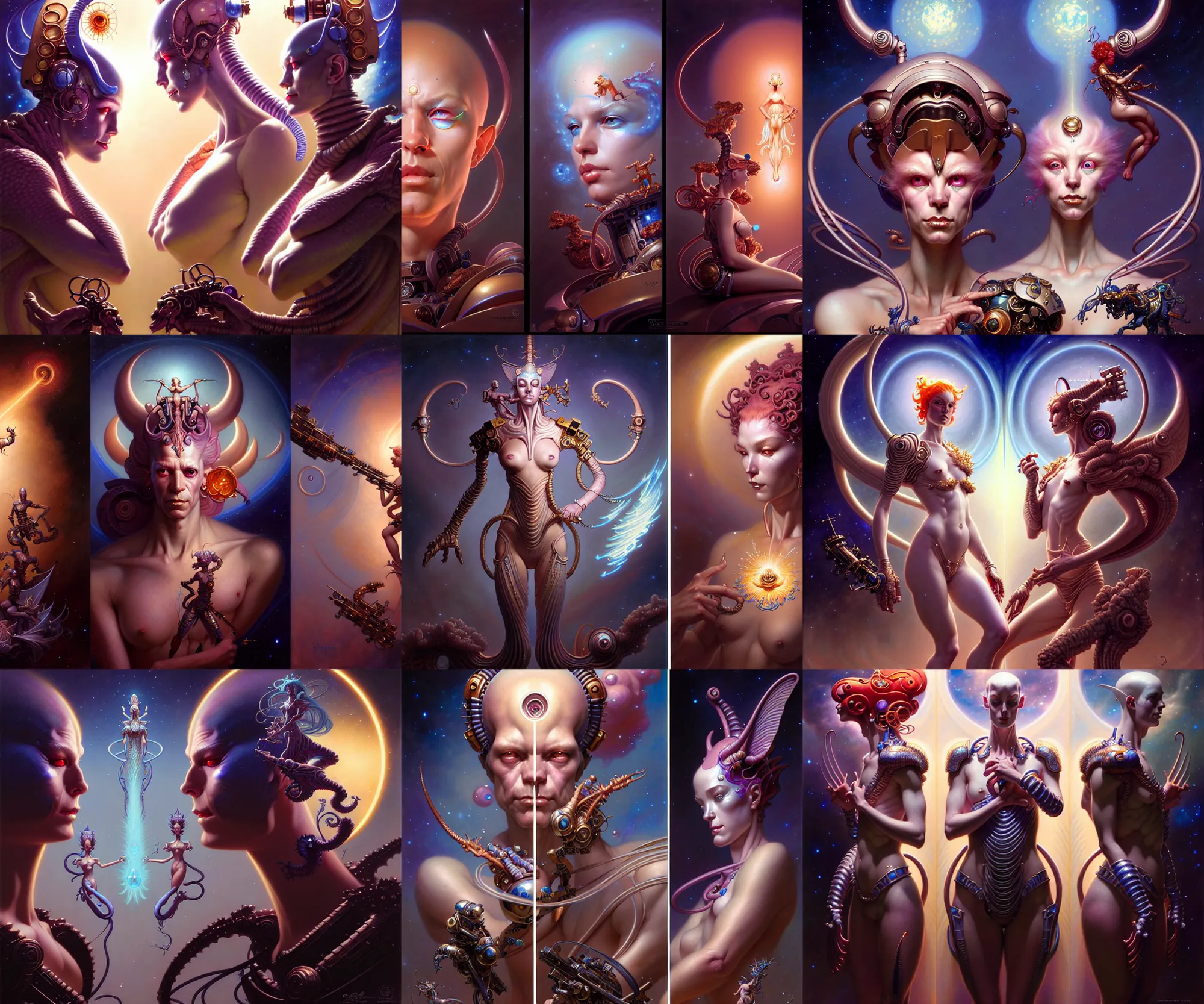 Image similar to beautiful gemini happy sad fantasy character portrait, ultra realistic, wide angle, intricate details, the fifth element artifacts, highly detailed by peter mohrbacher, hajime sorayama, wayne barlowe, boris vallejo, aaron horkey, gaston bussiere, craig mullins