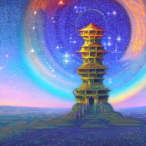 Image similar to a landscape pastel in the style of noriyoshi ohrai of an ancient holy tower, it has iridescent mana radiating from it. it is centered. the background is the starry sky at night. key art. 4 k retrofuturistic fantasy