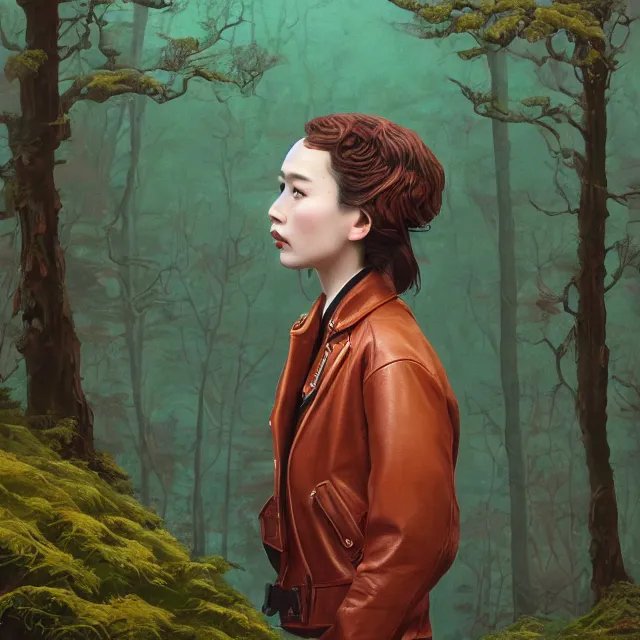 Prompt: highly detailed portrait of alone androgynous girl wearing bakelite leather jacket, bakelite rocky mountains, moss green japanese haunted forest background, by hsiao - ron cheng and artgerm, modular synthesizer 8 0 s sony stereo helmet backpack, the grand budapest hotel, glow, no crop, digital art, artstation, pop art