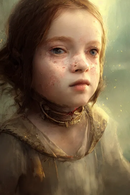 Prompt: medieval little girl, joyful, hope, close - up portrait, intricate, elegant, volumetric lighting, scenery, digital painting, highly detailed, artstation, sharp focus, illustration, concept art, ruan jia, steve mccurry