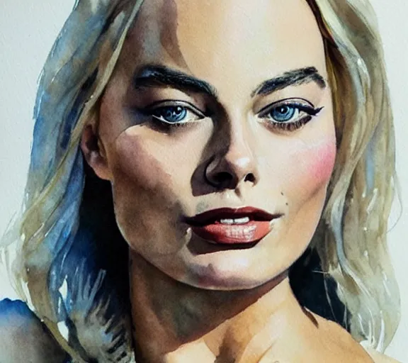 Prompt: A realistic portrait of margot robbie, watercolor art, highly detailed, trending on artstation