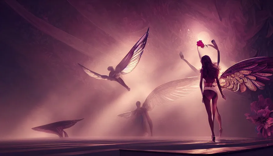 Image similar to victoria secret runway show, light, shadows, reflections, flowers, wings, epic composition, intricate, elegant, volumetric lighting, digital painting, highly detailed, artstation, sharp focus, illustration, concept art, ruan jia, wlop, steve mccurry, artgerm, mina petrovic, timothy kong, marina federovna