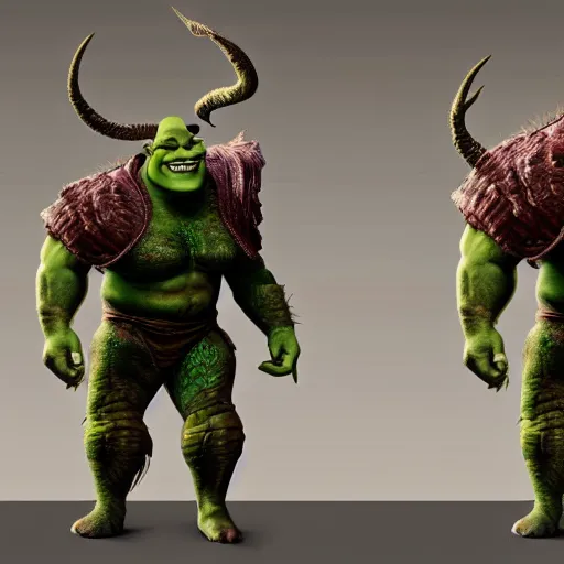 Prompt: Beautiful ultra detailed concept art painting of Shrek as a boss from Elden Ring Dark Souls game, a terrible zbrush sculp of a fearsome green ogre, unreal engine raytracing by Ross Tran, menacing pose, horns and fire