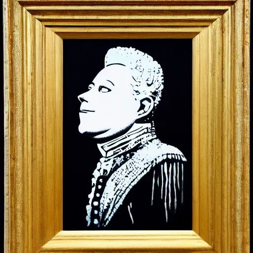 Prompt: individual king george iii silk screen portrait banksy style