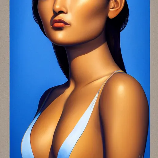 Prompt: A beautiful painting. She has deeply tanned skin that makes me think of Oort, an almond Asian face and a compact, powerful body. Navajo white, neon blue by Henri Rousseau, by Mike Campau elegant, rich details